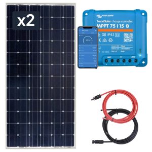 Zestaw do kampera panel sztywny 2x 150W, regulator ładowania 15A SmartSolar