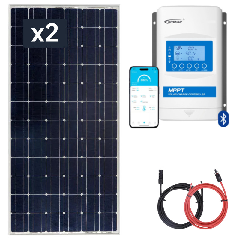 Zestaw do kampera panel sztywny 2x 150W, regulator ładowania 20A